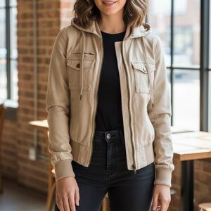 LA Hearts Zip up Tan Hooded Bomber Jacket size sm